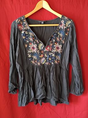 American Eagle Outfitters Charcoal Embroidered V-Neck Tunic